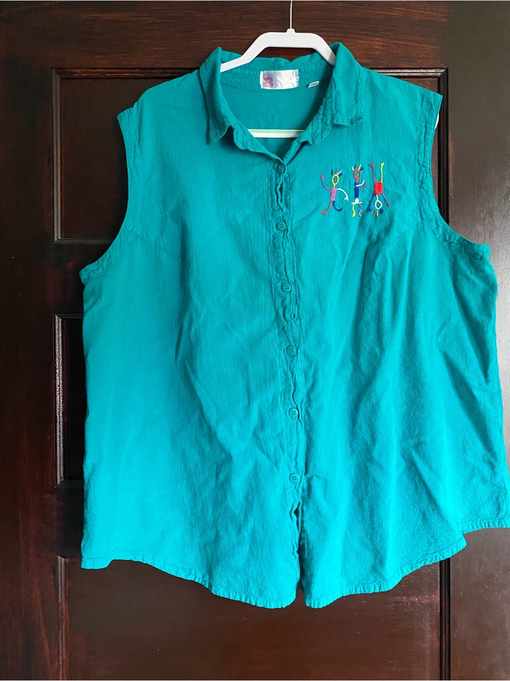 Vintage Renata B Teal Cotton Embroidered Sleeveless Button Up Top 2L